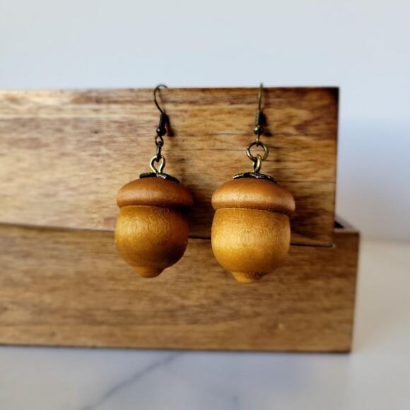 Handmade Naturally Dyed Wood Acorn Earrings - Picture 2 of 2